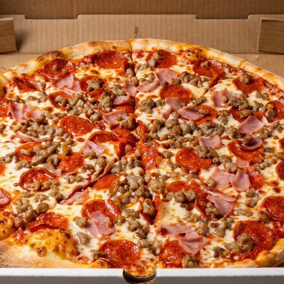 Large pepperoni, ham, and sausage pizza in an open cardboard delivery box.