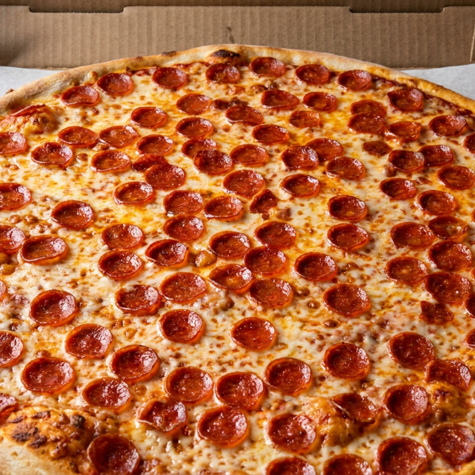 Large pepperoni pizza with melted cheese in an open cardboard delivery box.