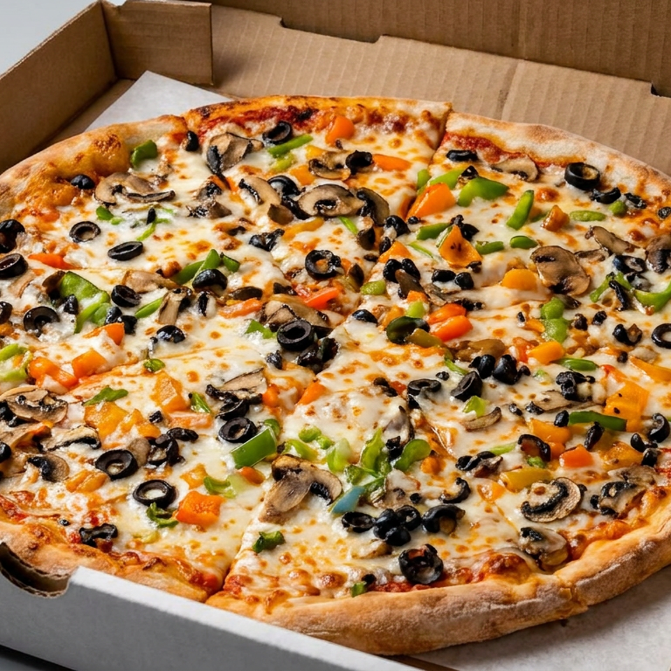 Large vegetable pizza topped with mushrooms, black olives, green peppers, and orange peppers in an open cardboard box.