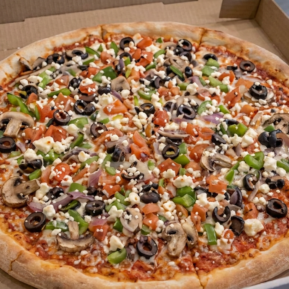Large vegetarian pizza topped with mushrooms, black olives, green peppers, tomatoes, onions, and crumbled cheese in a cardboard box.