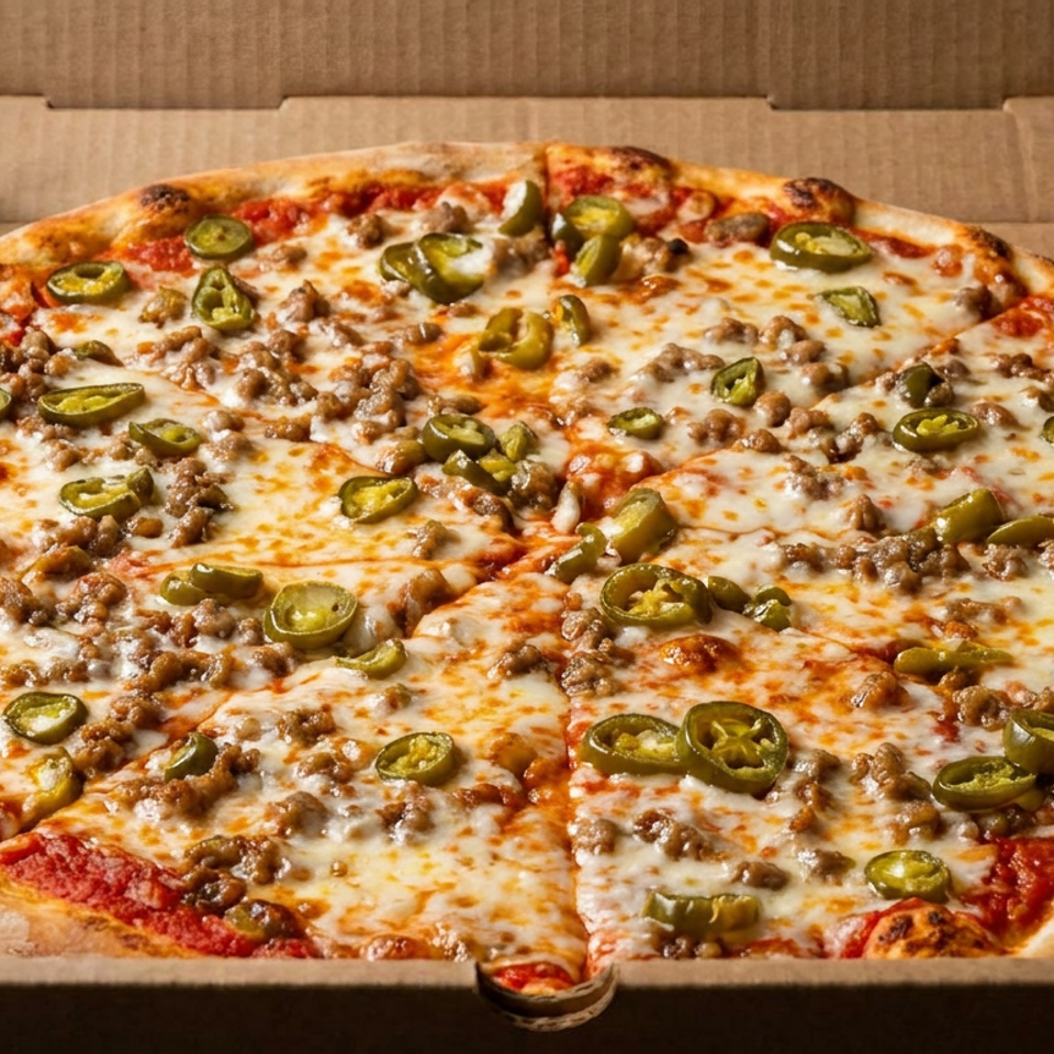 Large cheese pizza topped with ground meat and sliced jalapeños in an open cardboard delivery box.
